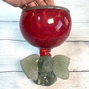 Art Glass Red Chalice Goblet Gray Elephant Base Trunk Up 8" x 5.25" Dish OOAK